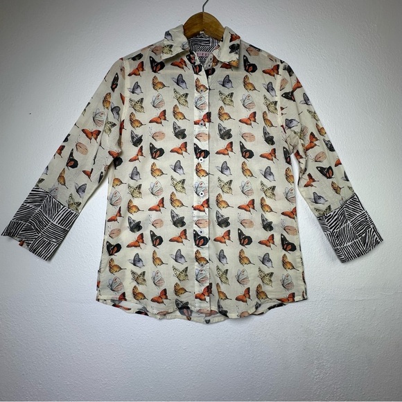 TIZZIE 100% COTTON 3/4 SLEEVE ROME SHIRT NEUTRAL BUTTERFLIES VOILE - Picture 2 of 14